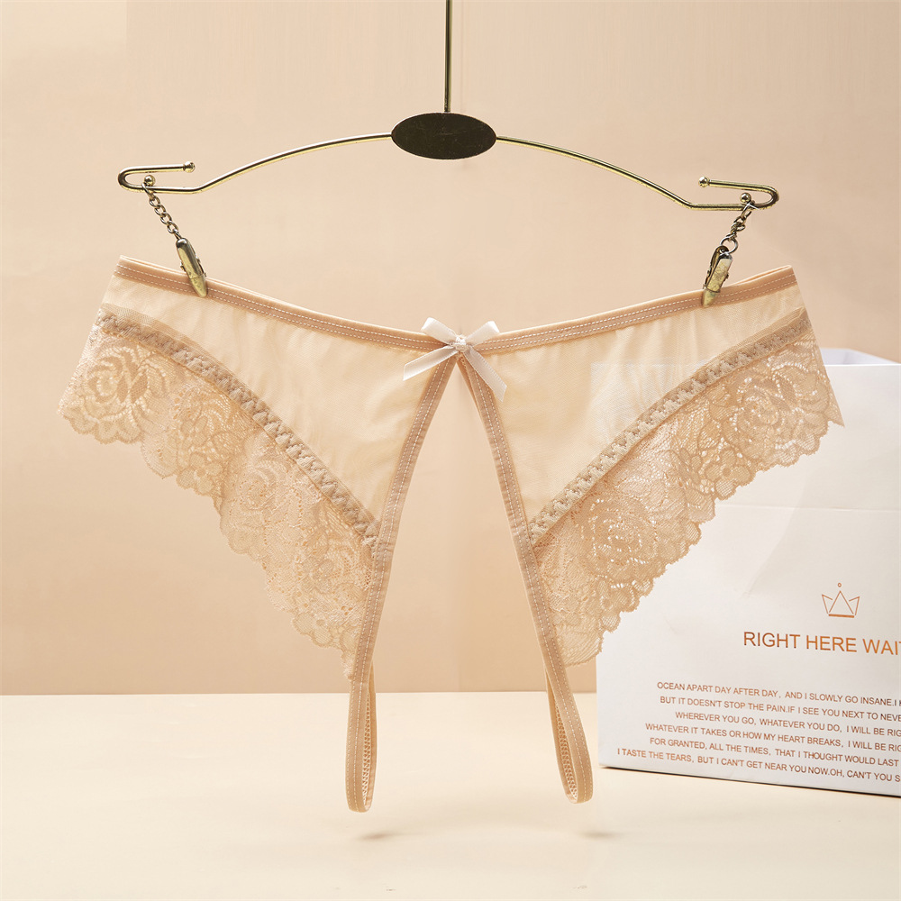 【 Customized 】 Best-selling sexy mesh lace women's underwear with bow and sexy open-crotch triangle pants details Picture