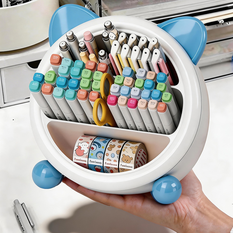 Cute cat-shaped wooden pen holder, desktop storage box, remote control, mobile phone stand, wooden color pasted style Application Scenario