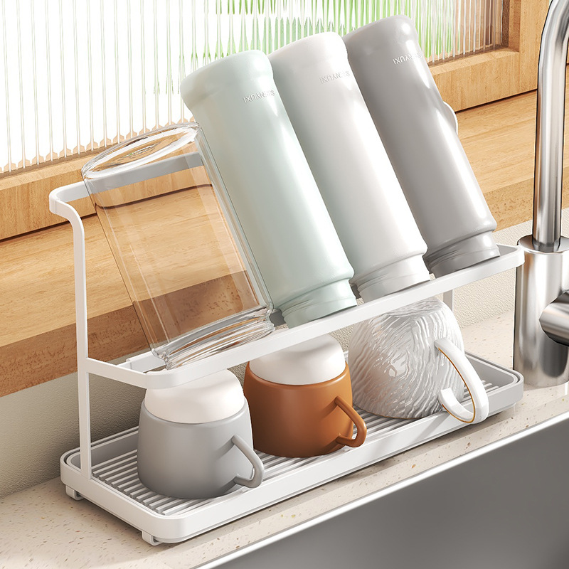 Household double-layer tray water cup storage and draining rack, Japanese water cup storage rack, double-layer tea cup coffee storage rack