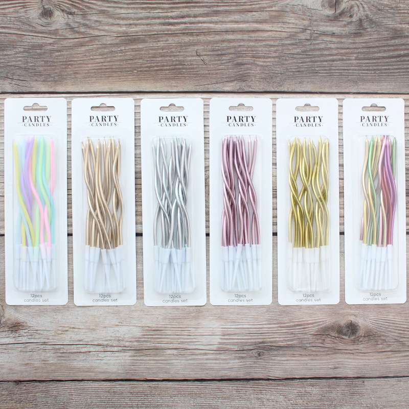 Wholesale birthday cake curved multi-color candles, gold, silver, 12-piece cassette spiral colored candles details Picture