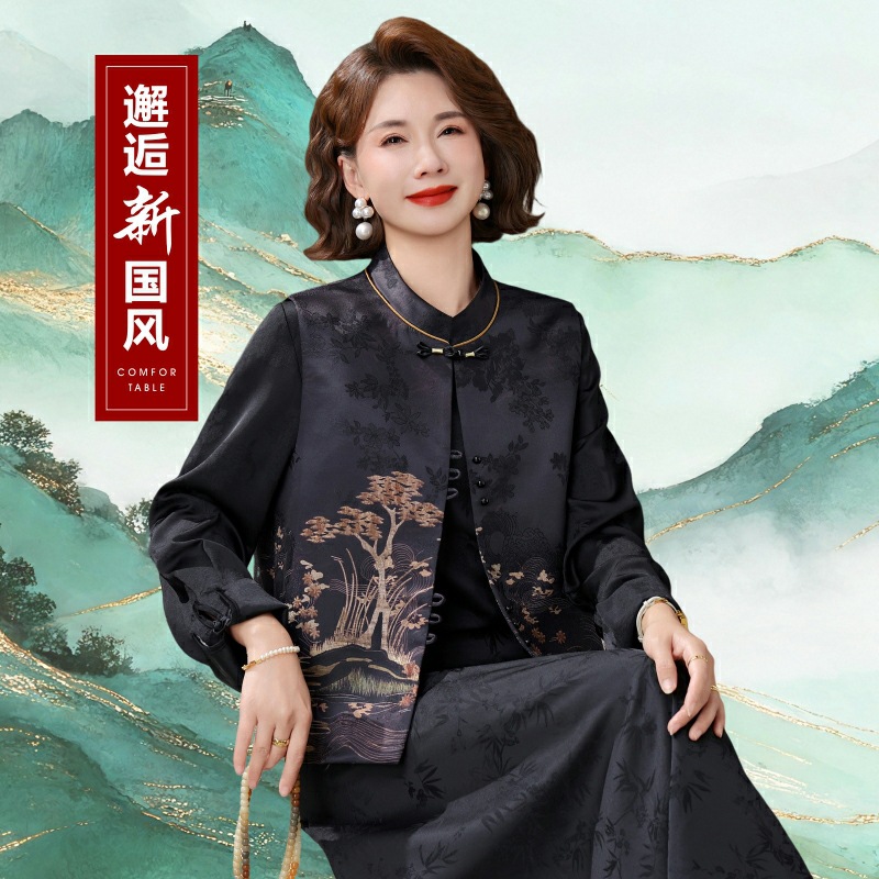 国潮气质中年妈妈春装马甲2026新款中老年女春秋国风圆领休闲唐装外套