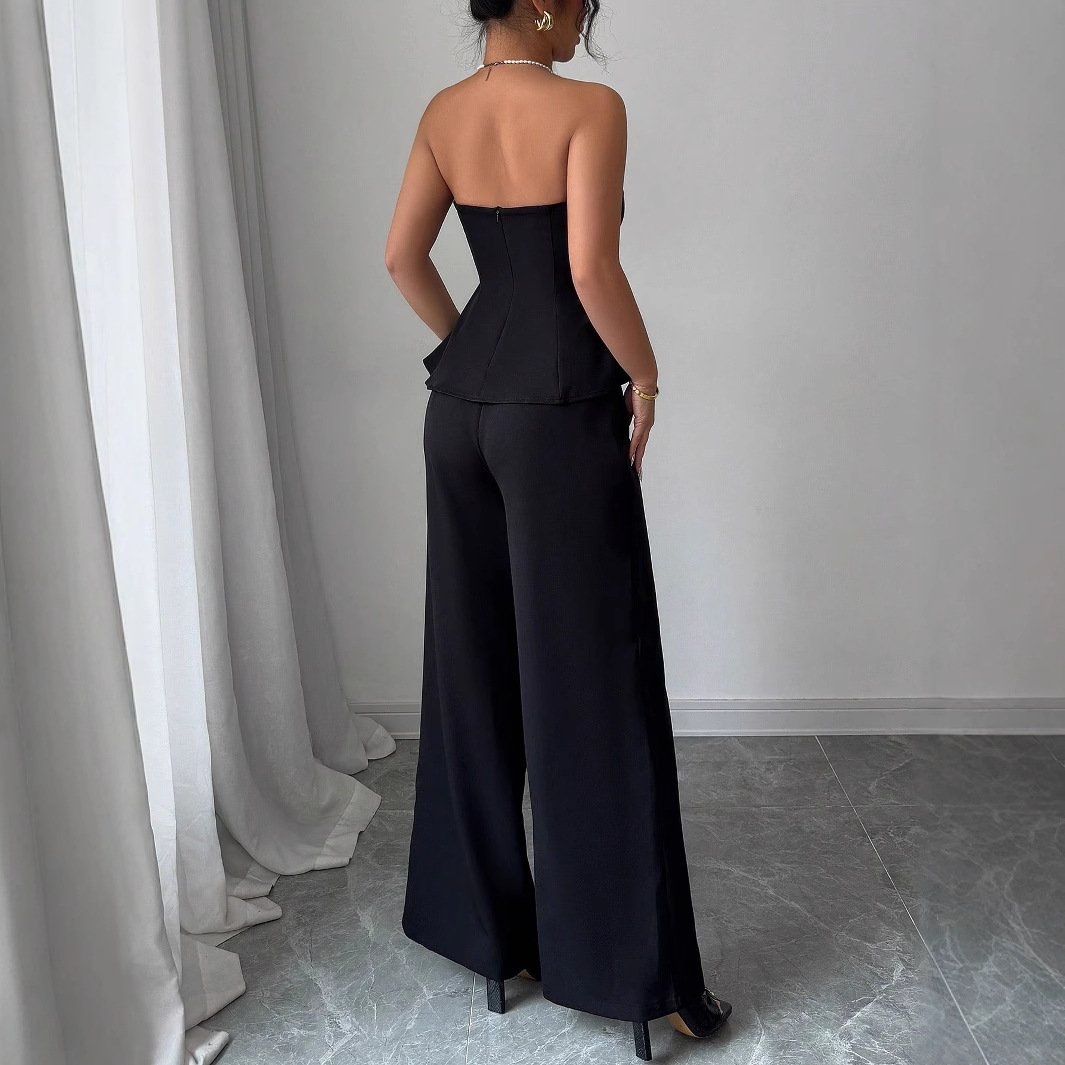 Cross-border Amazon Women's clothing 2025 Spring/Summer Vacation style European and American style spliced off-the-shoulder, backrest, wide-leg long pants set Specification drawing