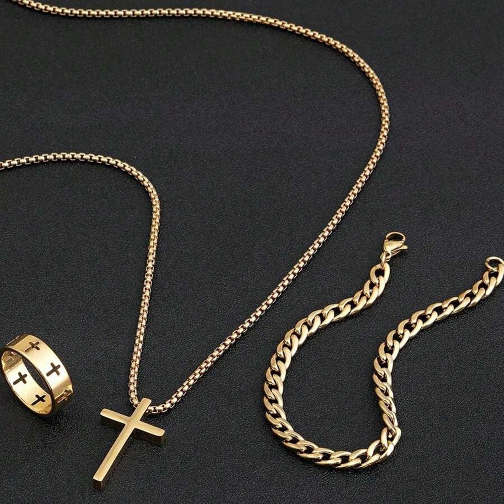 Cross-border temu Xiyin's new cross jewelry set, a 3-piece streetwear hip-hop style set Specification image