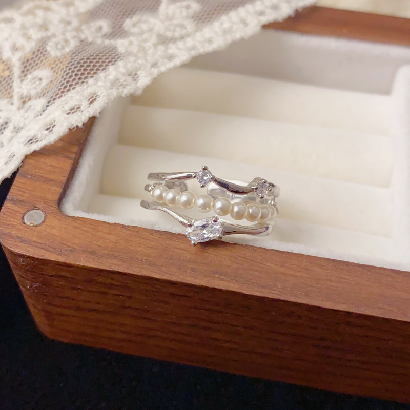 Wholesale of multi-layer pearl zircon open ring with a fashionable design sense from Japan and South Korea, elegant and lightweight luxury, versatile and high-end index finger ring details Picture