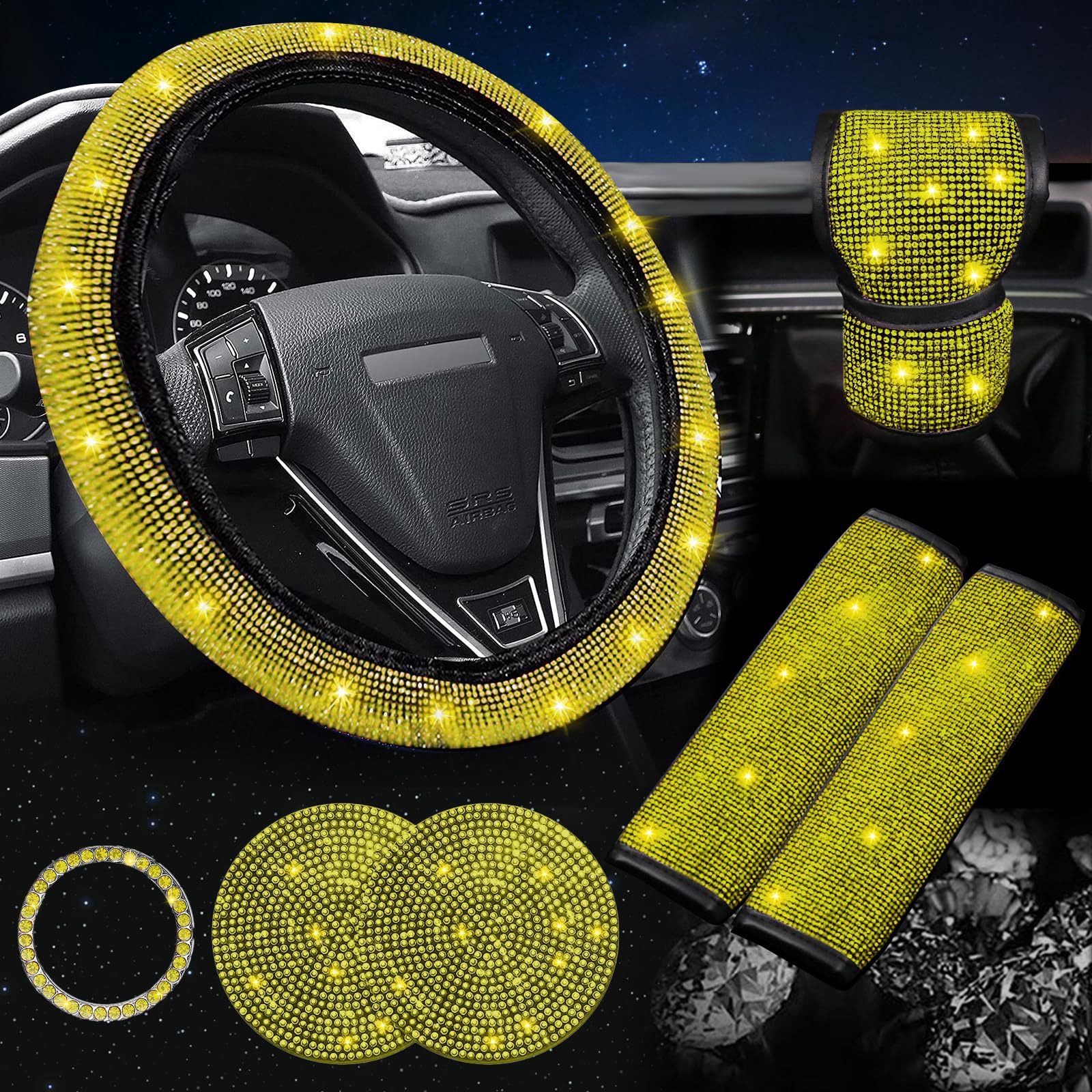 汽车钻石方向盘套 闪亮水钻的安全带套 汽车杯杯垫 跨境多套组合                             细节图