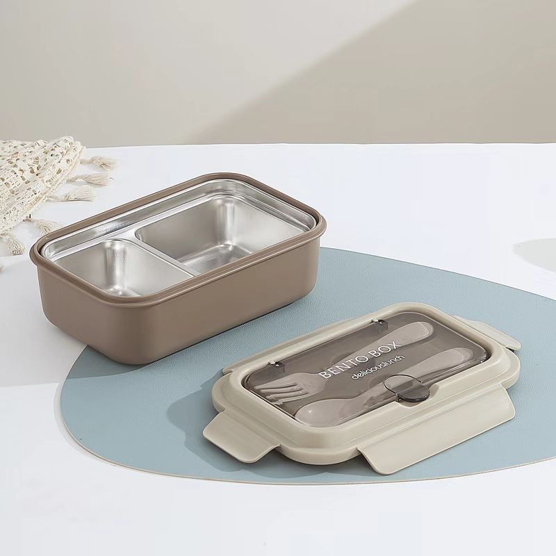 304不锈钢学生饭盒家用PP分格轻食便当盒便捷北欧风带餐具午餐盒