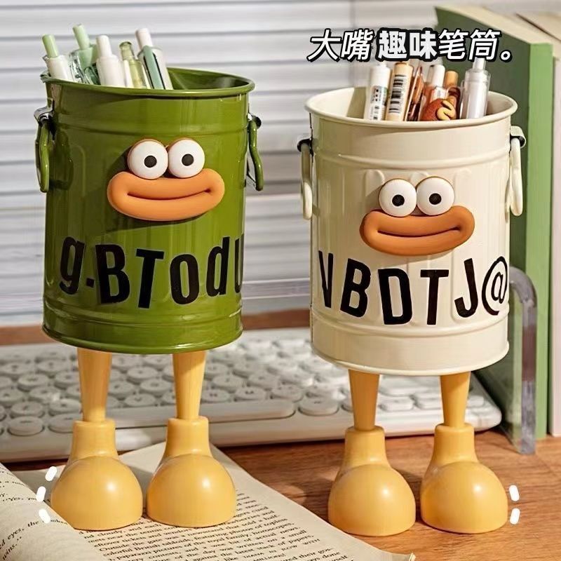 ins High appearance level cartoon personality pen holder student desktop office large capacity cute simple retro storage bucket
