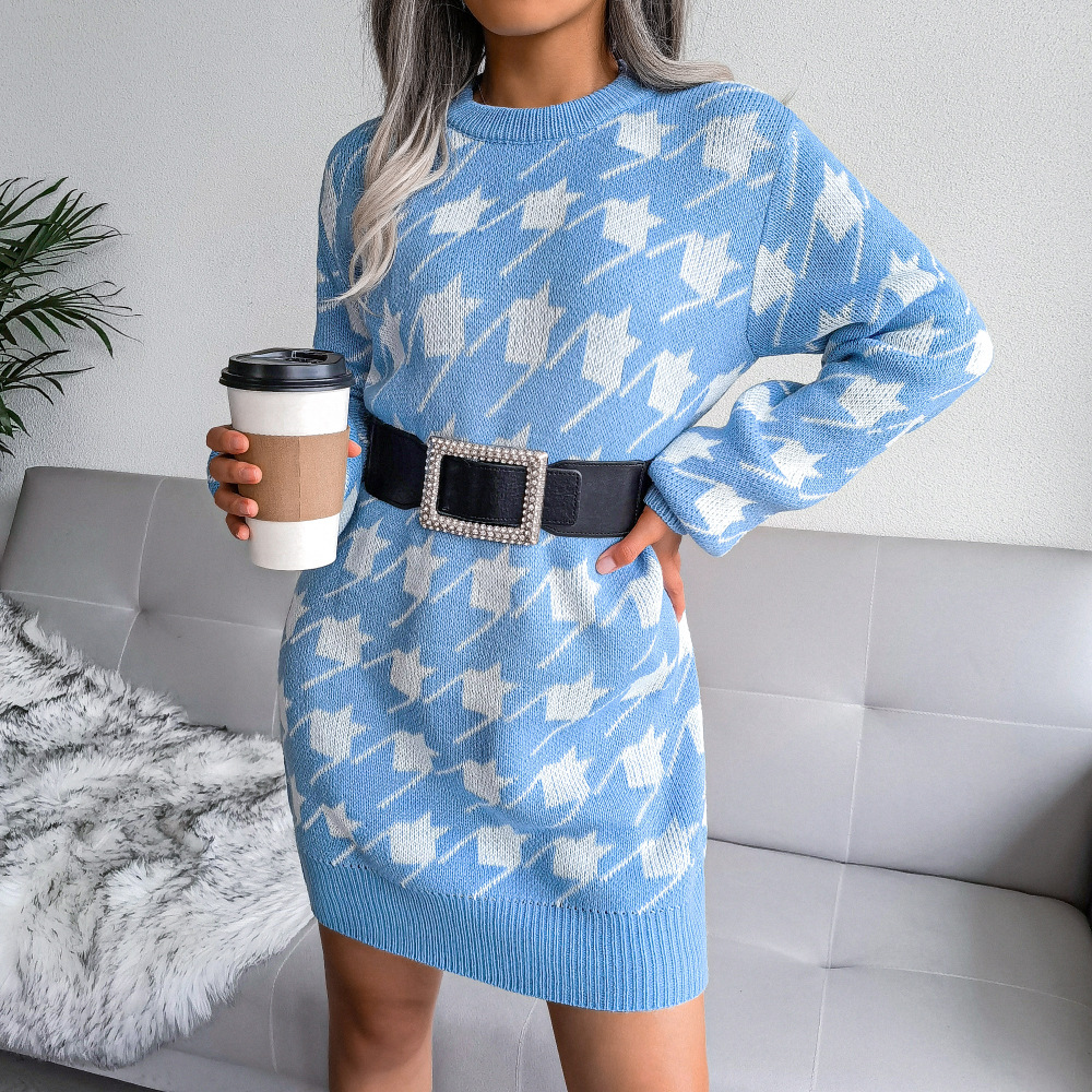 Ins-style real photos of autumn and winter European and American casual lantern-sleeved and checkered knitted sweater dresses, independent station cross-border women's clothing Specification drawing