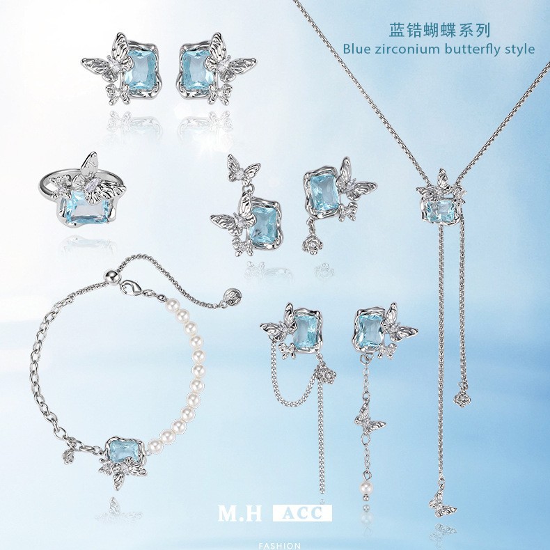 Original design blue gemstone butterfly series: Unique, fashionable, versatile, sweet and cool style necklace, bracelet, earrings and ring for women