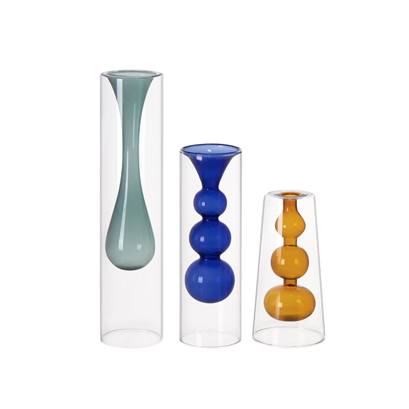 Colored double-layer glass vase, flameless glass art aromatherapy bottle, transparent vase, hydroponic restaurant table decoration Item Picture