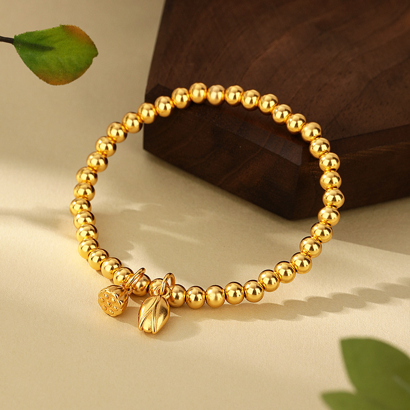 Women's copper gold-plated bracelet with two lifetimes of joy, ethnic style chain, lotus flower jewelry, simple and elegant women's bracelet details Picture