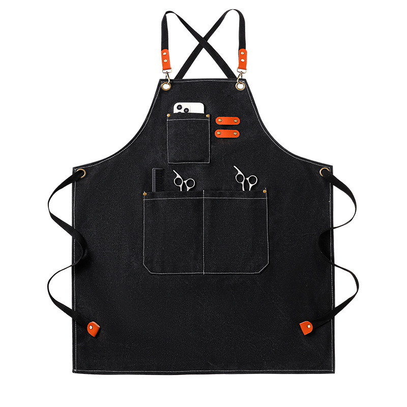 Customized cross-border canvas aprons, waterproof and oil-resistant, home kitchen wear-resistant work clothes, coffee shop denim aprons with printing Item Picture