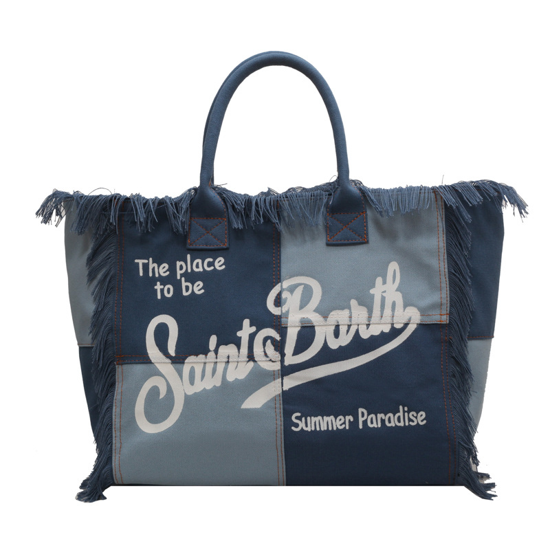 Cross-border canvas bag, printed letter canvas bag, large-capacity canvas tote bag, simple commuting lady single-shoulder bag, European and American beach bag, fringed canvas bag, tote bag, single-shoulder bag, canvas bag Item Picture