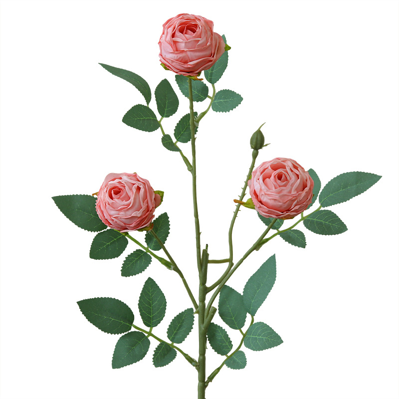 New 3-head rolled-edge rose artificial flower for living room dining table, baked edge rose artificial flower bouquet, shooting prop and landscape flower Item Picture