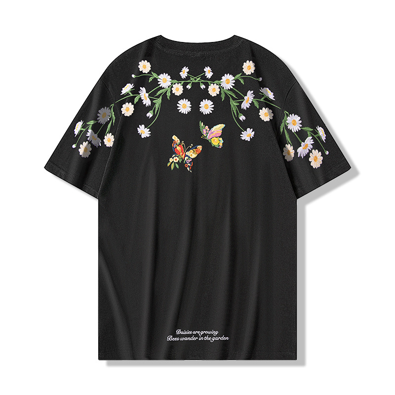2026 National Trend short-sleeved T-shirt, butterfly light change embroidery, Chinese style, round neck, pure cotton loose half-sleeve, national trend summer