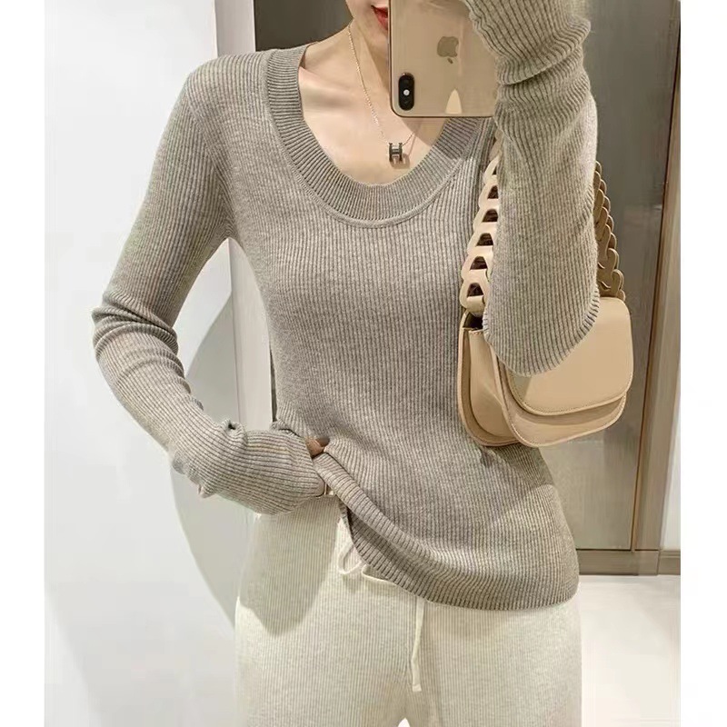 U-neck knitted sweater for women, Dongdaemun, South Korea, collarbone exposed, solid color Andy fleece base layer, Andy fleece long-sleeved shirt details Picture