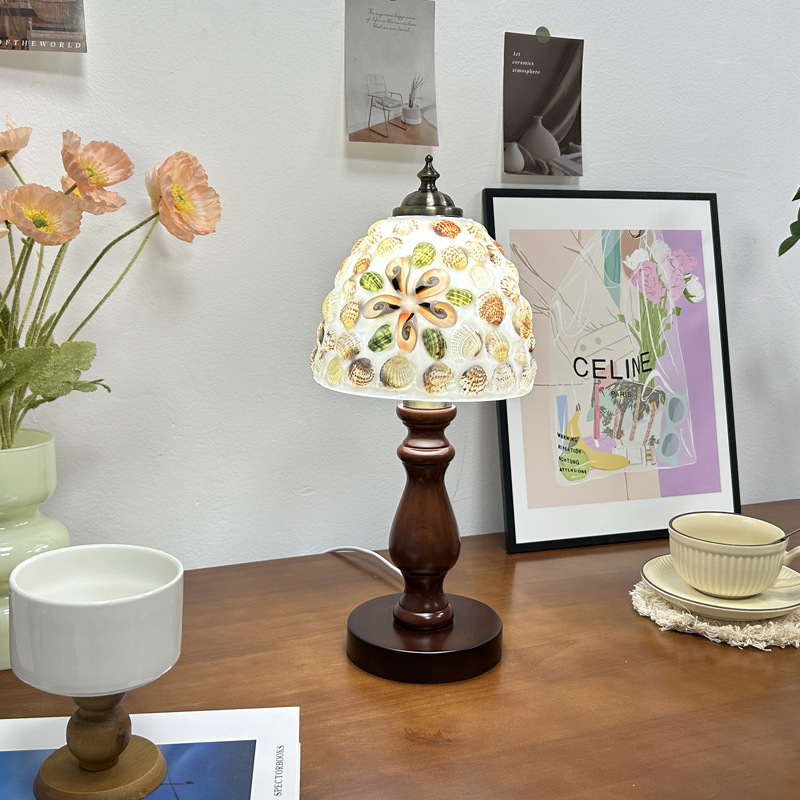 Decorative table lamp, seven-color glass shell ambient light, European and American retro bedroom bedside lamp, adjustable led light