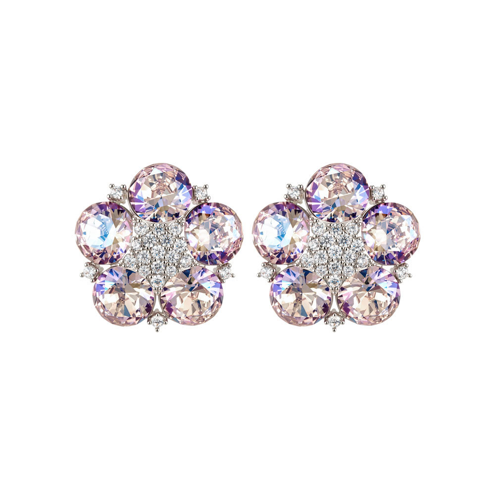 Light luxury high-sparkle five-petal flower stud earrings in copper alloy, slightly inlaid with zirconium colored crystal s925 silver needle high-end women's earrings Item Picture