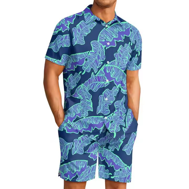 3D digital printed Hawaiian banana leaf printed men's Cuban collar shirt casual beach pants set details Picture