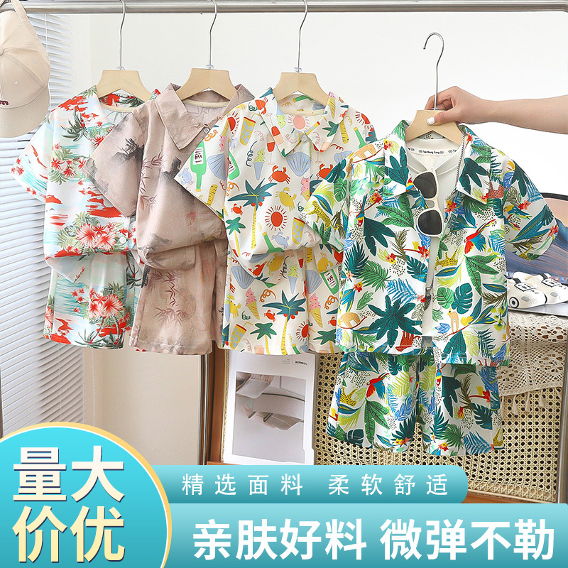 New boys' lapel short-sleeved suit, two-piece sand beach Hong Kong-style printed shirt set, summer thin vacation floral shirt