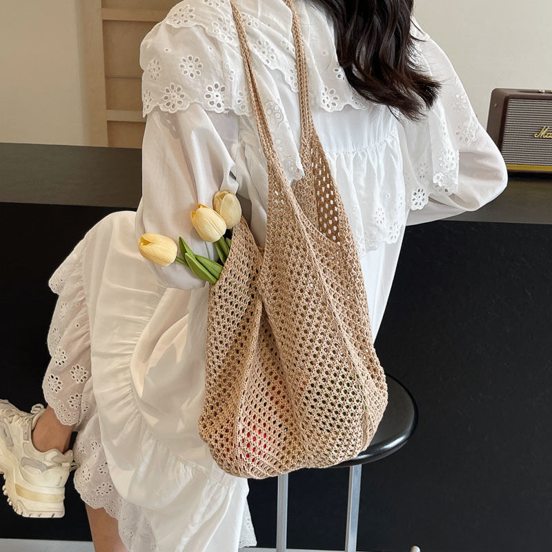 Cross-border grid perforated bag, casual large-capacity cotton thread woven bag, new perforated straw woven bag, laid-back style single-shoulder bag, vacation beach bag, women's bag, single-shoulder bag, handbag, storage bag, handbag, simple grid bag Specification image