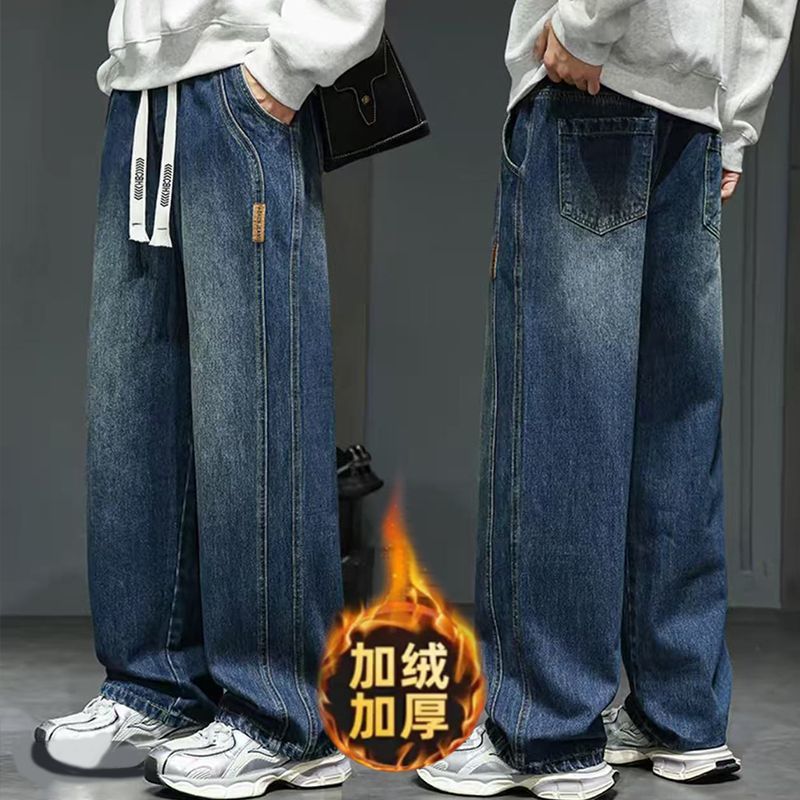 Winter must-have fleece and thickened denim pants for men 2025 autumn and winter loose straight-leg wide-leg casual pants for men details Picture