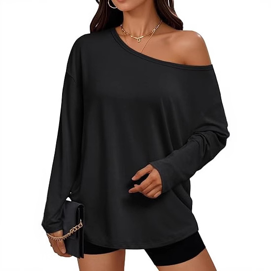 2025 New cross-border women's casual and fashionable slanted collar top knitted long-sleeved top from Europe and America details Picture