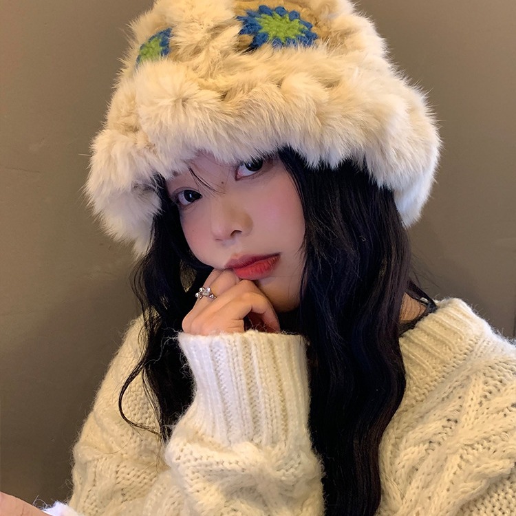 毛绒渔夫帽女冬季兔毛针织毛毛帽子显脸小保暖醒狮帽大头围毛线帽细节图