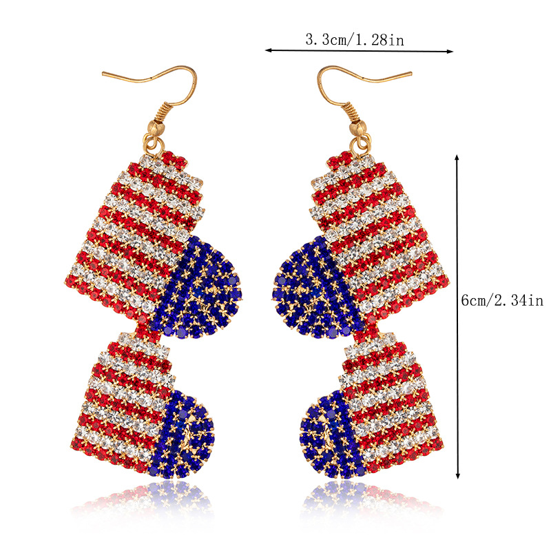 European and American cross-border heart-shaped earrings, American flag color water diamond double-layer heart-shaped earrings, women's claw chain jewelry pendant, long and simple full-diamond earrings Item Picture