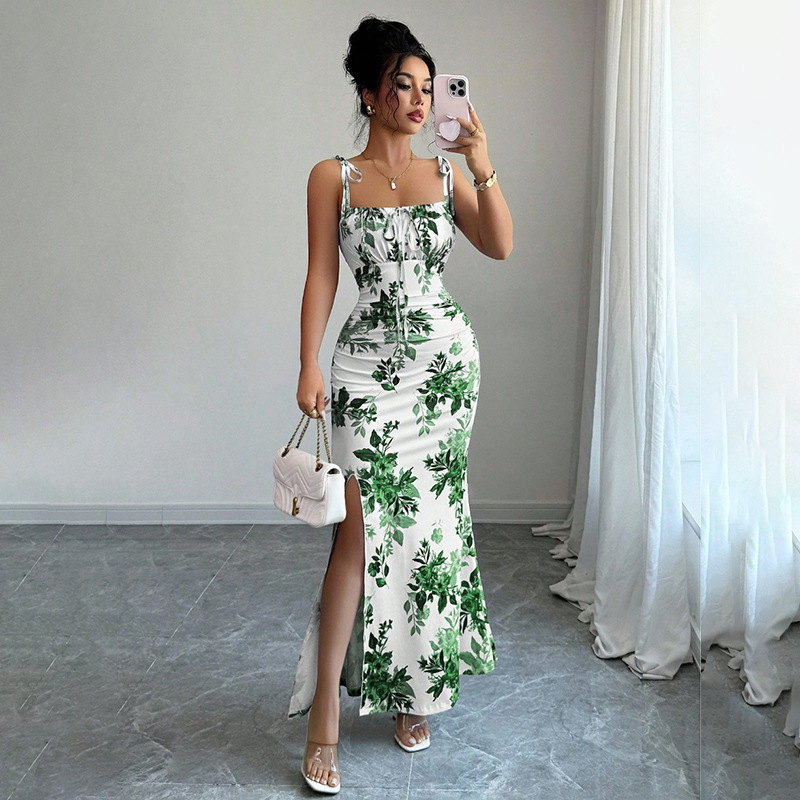 Wholesale of cross-border Amazon European and American women's clothing halter floral figure-hugging slit dresses for foreign trade import and export factories details Picture