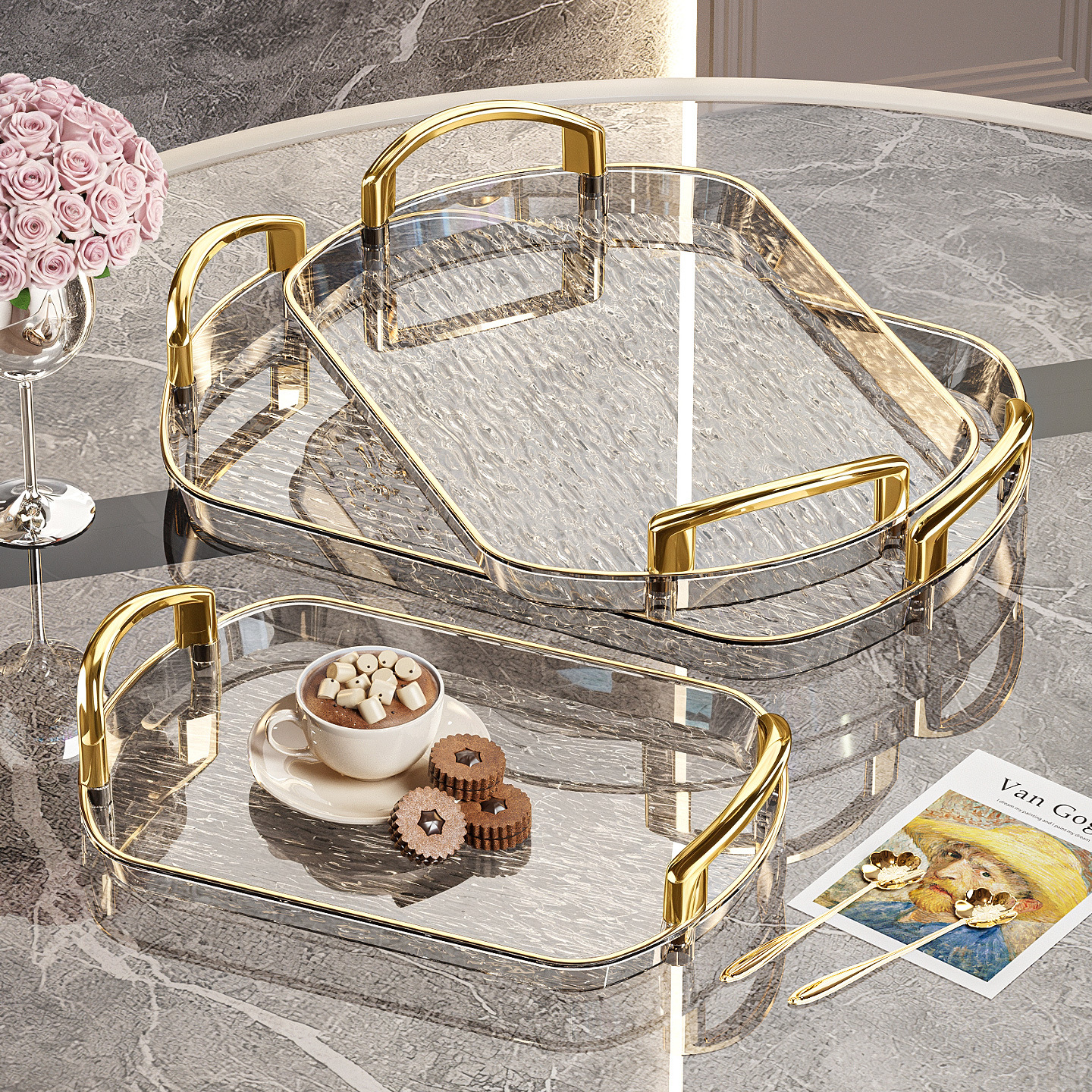 Light luxury plastic tray with handle, double ears, high-end household tea tray, dinner plate, commercial restaurant thickened large plate