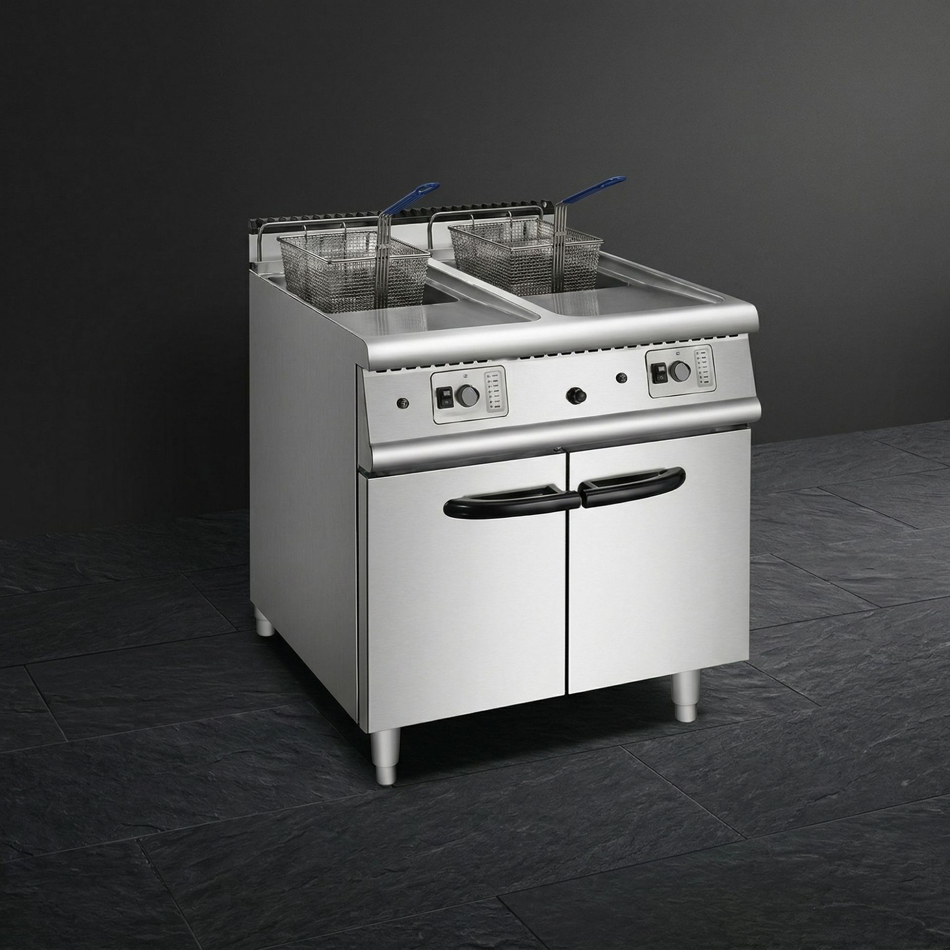 Kaiping double-cylinder double-screen gas fryer with cabinet base, commercial deep fryer, French fries machine, street frying machinery and equipment Application Scenario