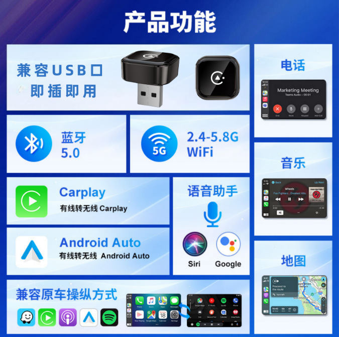 Cross-border Carplay Box Android Auto Wired to Wireless vehicle-to-device Interconnection intelligent in-car converter details Picture