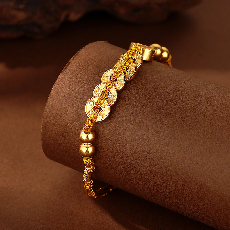 The same style as the gold store's sand gold Five Emperors Coin Five Road God of Wealth half-bracelet woven bracelet, new Chinese-style coiled retro woven rope bracelet details Picture