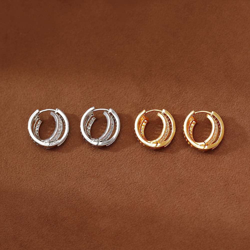 New cross-border ultra-sparkling copper inlaid zircon double-loop ear buckle women's European and American exquisite, simple and versatile design earring accessories details Picture