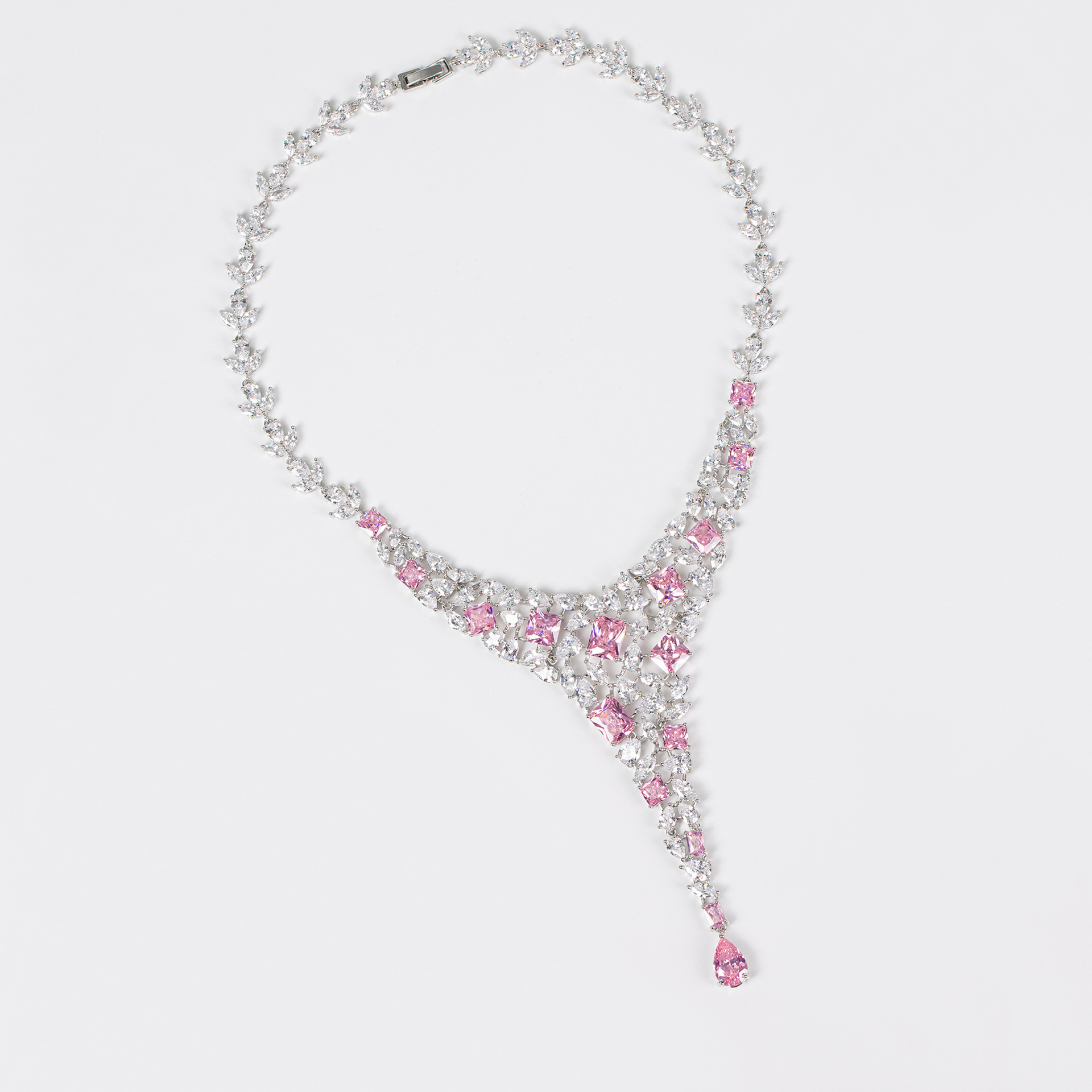 Heavy industry design, high-end sparkle diamond luxurious necklace and earring set, sweet pink water drop elegant banquet accessories Item Picture