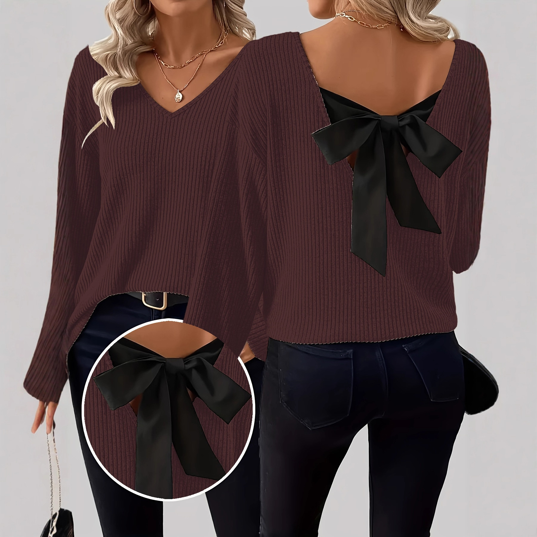 European and American women's V-neck solid-color sweater, new autumn export style long-sleeved casual loose bow top for women Specification drawing