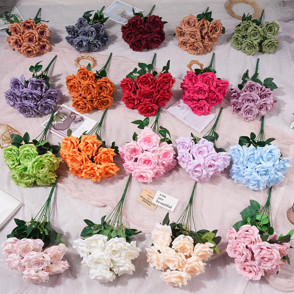 仿真9头钻石玫瑰假花束人造绢花婚庆地排花塑料花高级感婚礼布置