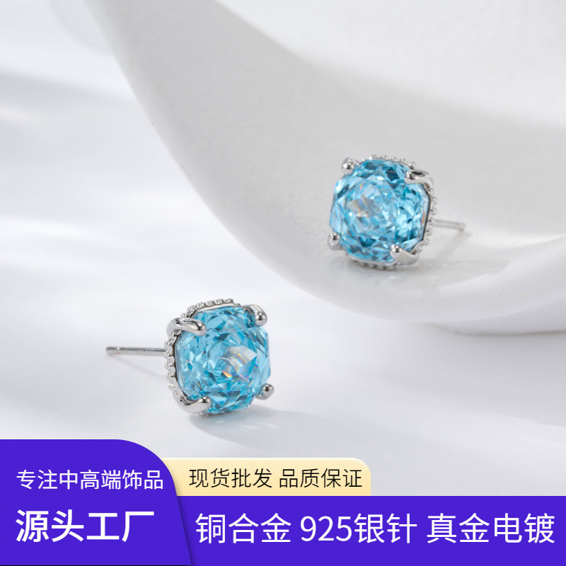 源头工厂轻奢海蓝玫瑰切耳钉铜合金s925银针高级感经典通勤女耳饰