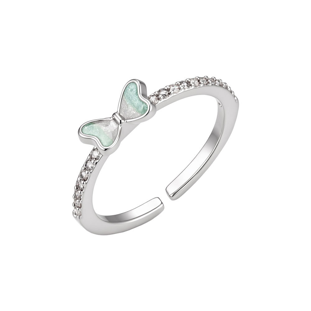 Spring and summer fresh mint gradient bow open ring, copper alloy inlaid with zirconium enamel, oil drip adjustable ring ring Item Picture
