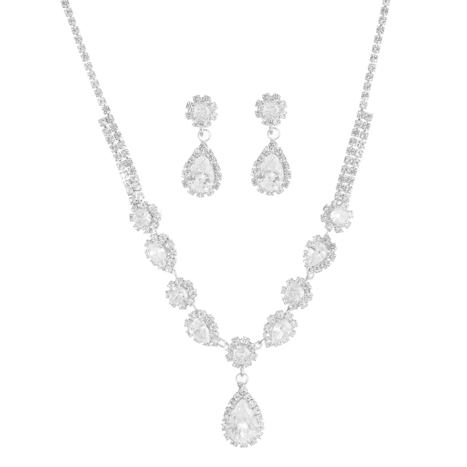 A two-piece cross-border set of super sparkling teardrop-shaped zircon necklace and earrings from Europe and America, a retro and light luxury wedding banquet jewelry set Item Picture
