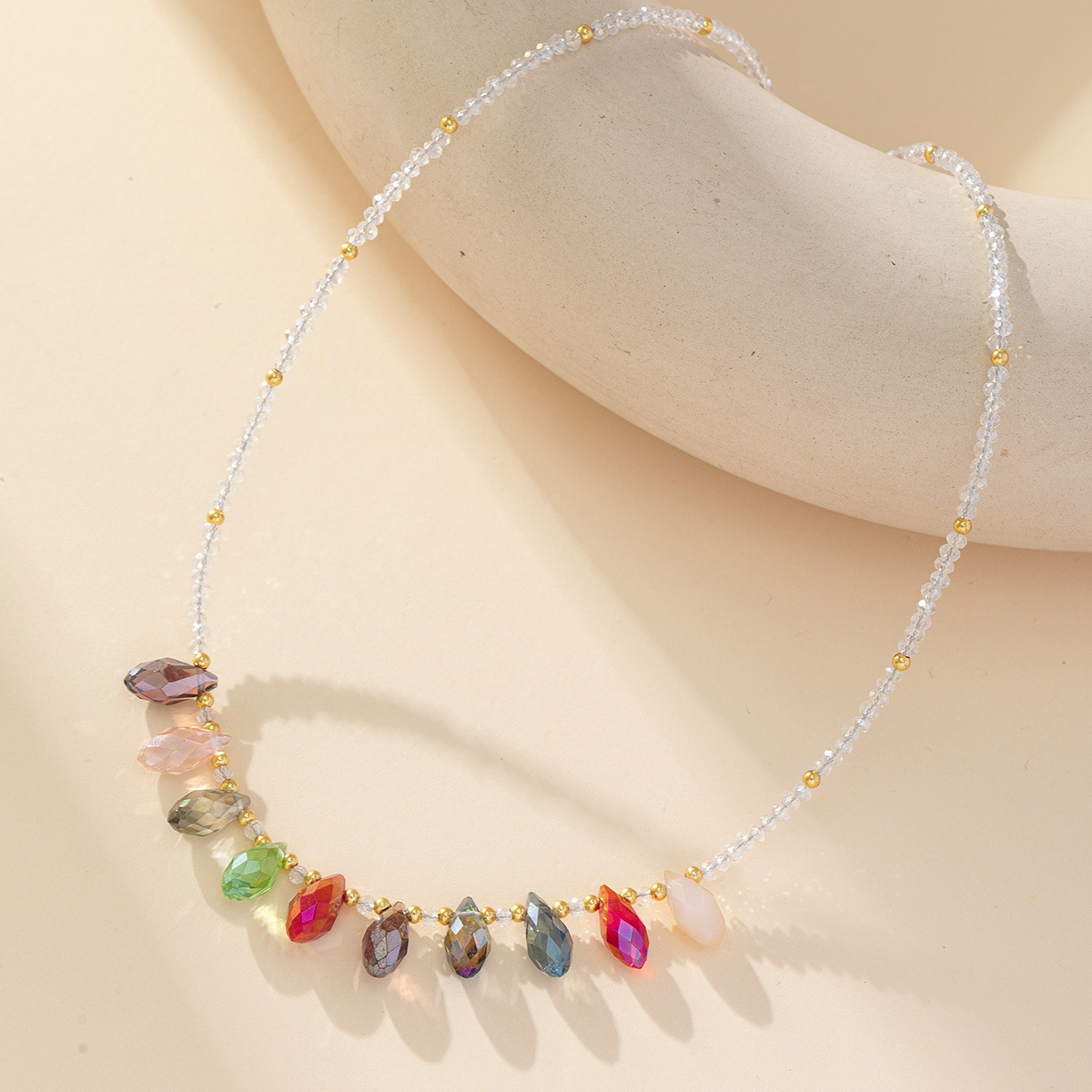 厂家新款时尚流行串珠水晶水滴项链小众设计不锈钢扣轻奢女锁骨链