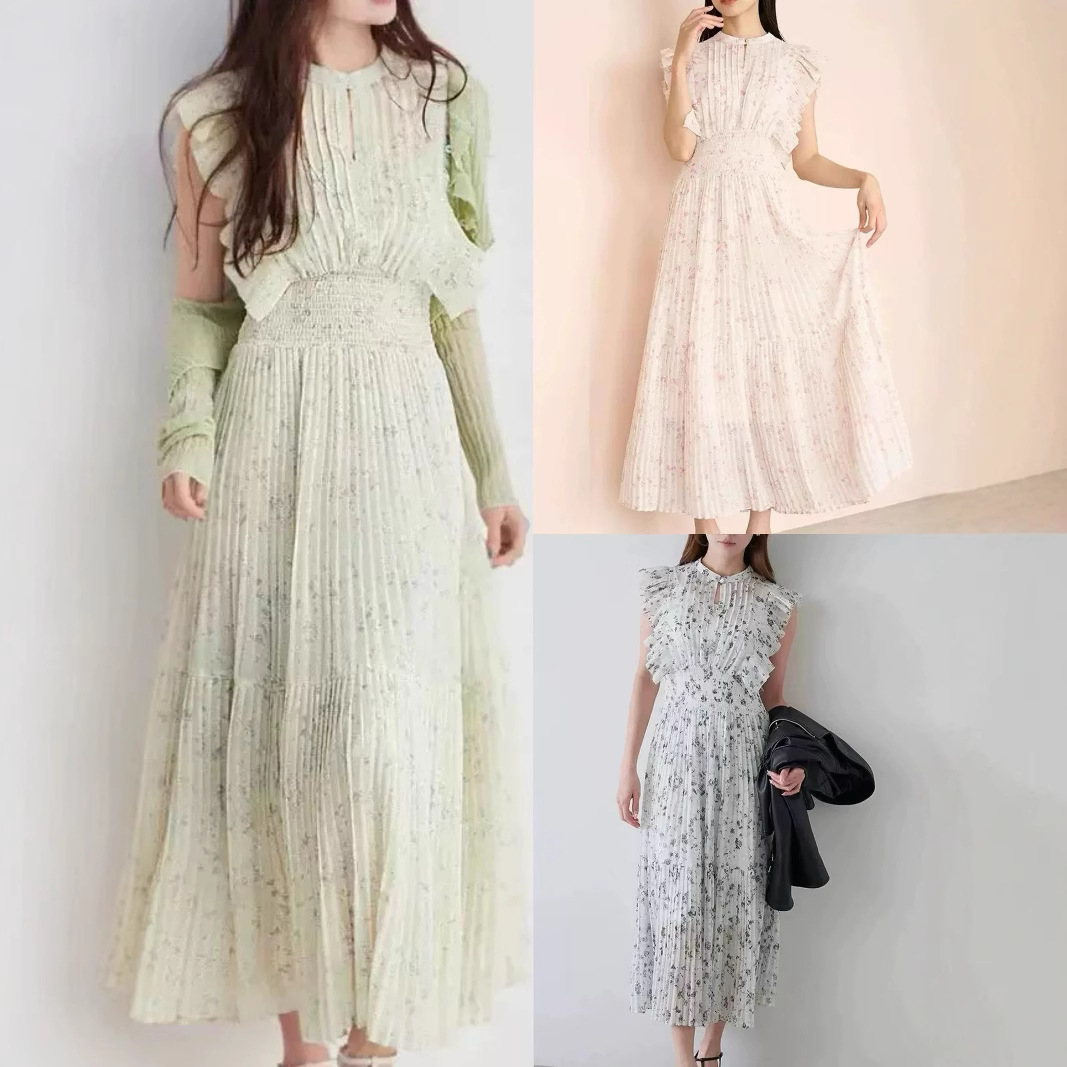 新款S家日系小飞袖收腰甜美风无袖百褶碎花连衣裙批发春夏长裙女