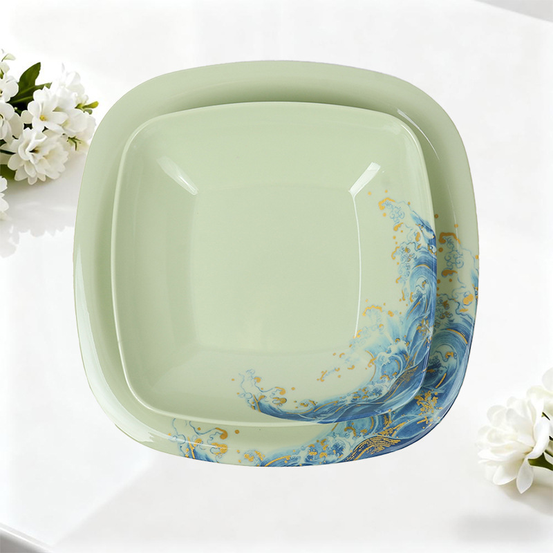 Customized melamine square rice roll plates for commercial restaurants and hotels, green stir-fried rice plates for hot pot restaurants details Picture