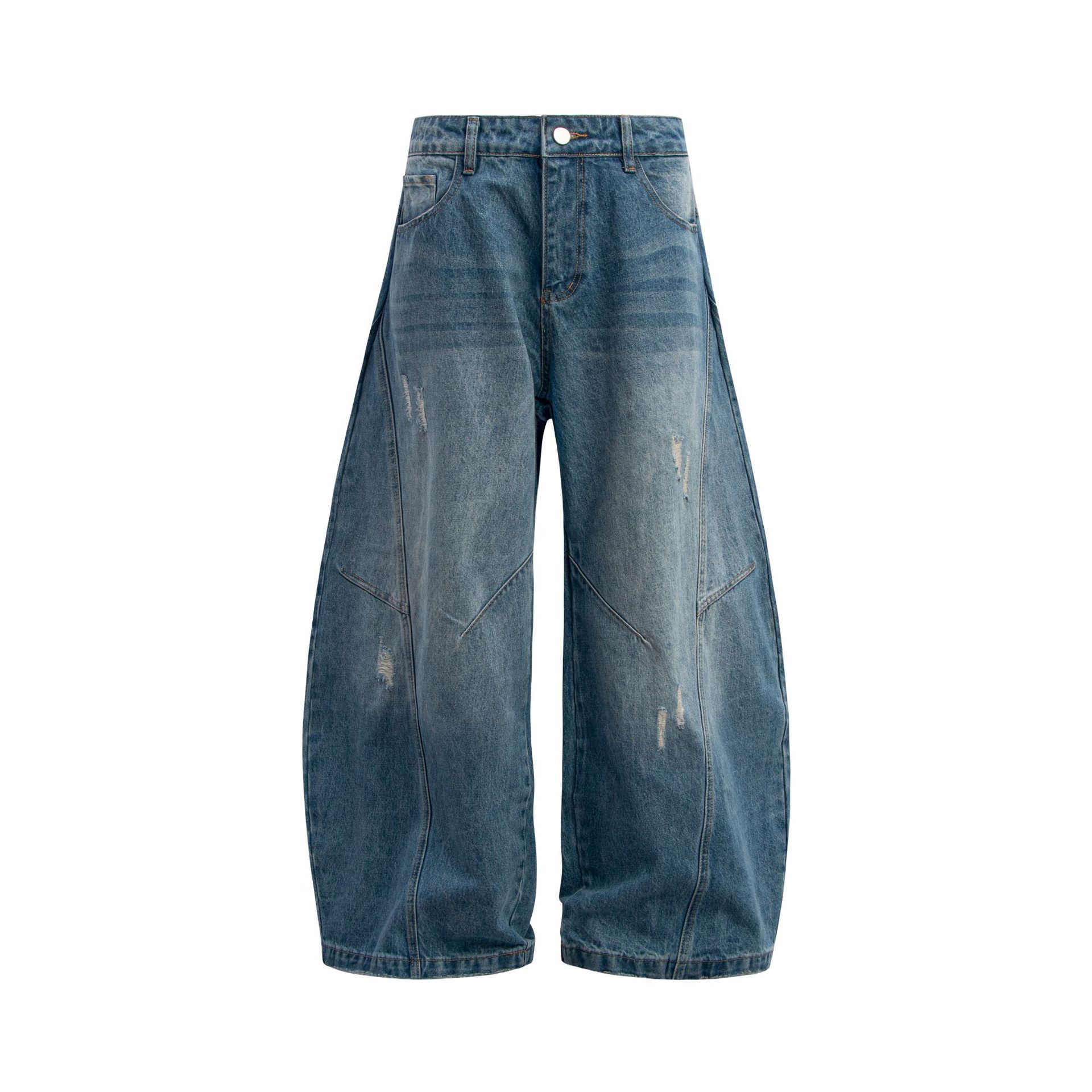 American retro washed distressed cat beard silhouette scythe jeans for men and women, loose floor-length scythe long pants Item Picture