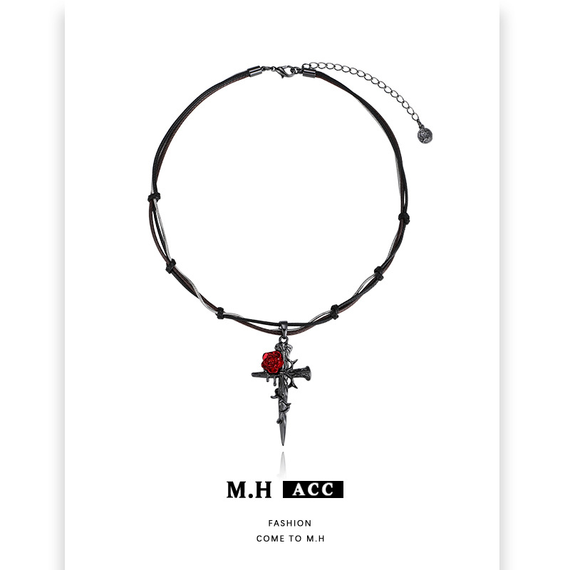 Dark Gothic style red rose entwined cross pendant necklace with a unique female design sense, black woven collarbone chain