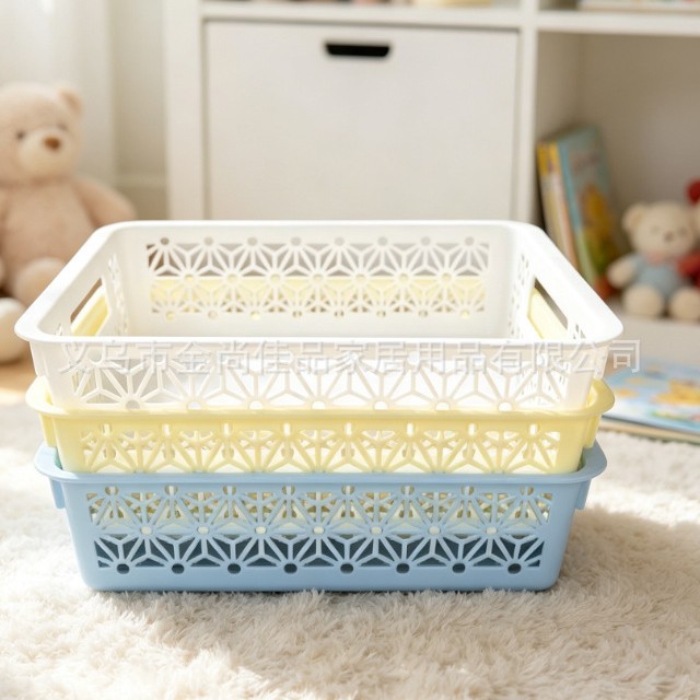 storage basket Plastic storage basket, desktop sundries storage basket, hollow rectangular storage basket wholesale Specification image