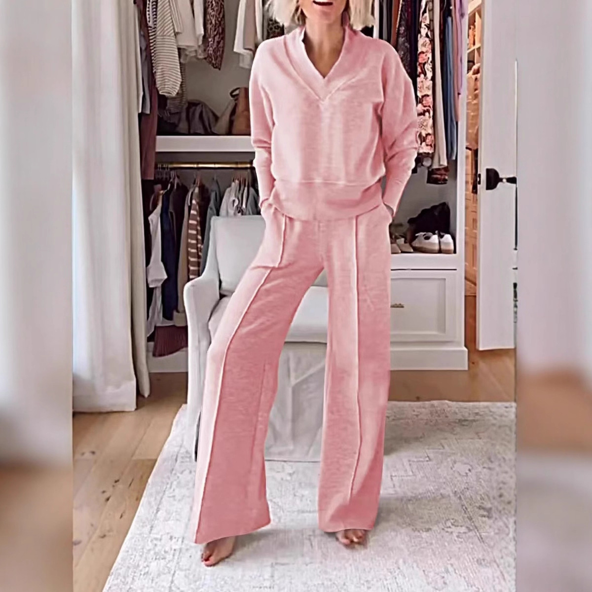 Amazon Cross-border new V-neck long-sleeved loose solid color women's fashion casual pants set for Autumn/Winter 2025 details Picture
