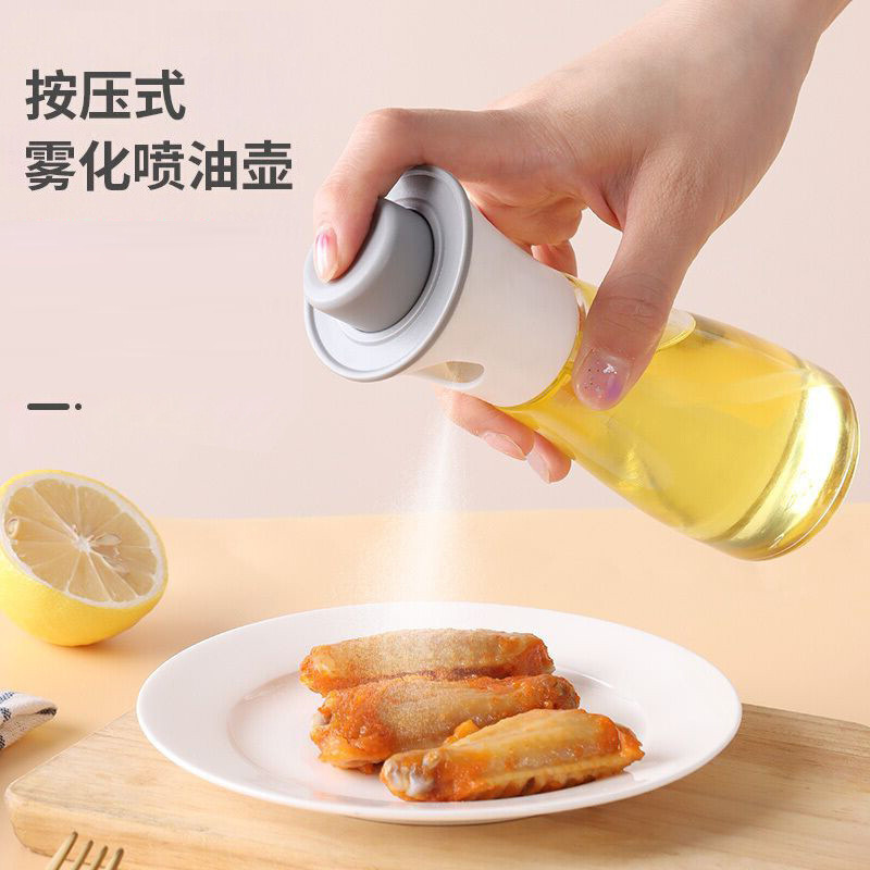 Wholesale oil spray bottles for household kitchen barbecue seasonings, large-diameter fat-reducing oil spray bottles, press-type glass atomizing oil cans details Picture