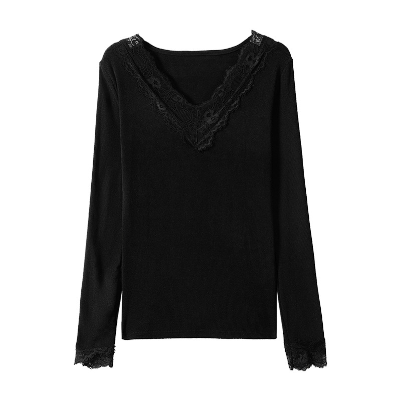 A lace-trimmed V-neck long-sleeved base layer for women, paired with a German fleece, brushed, and slimming design off-the-shoulder T-shirt for autumn and winter Item Picture